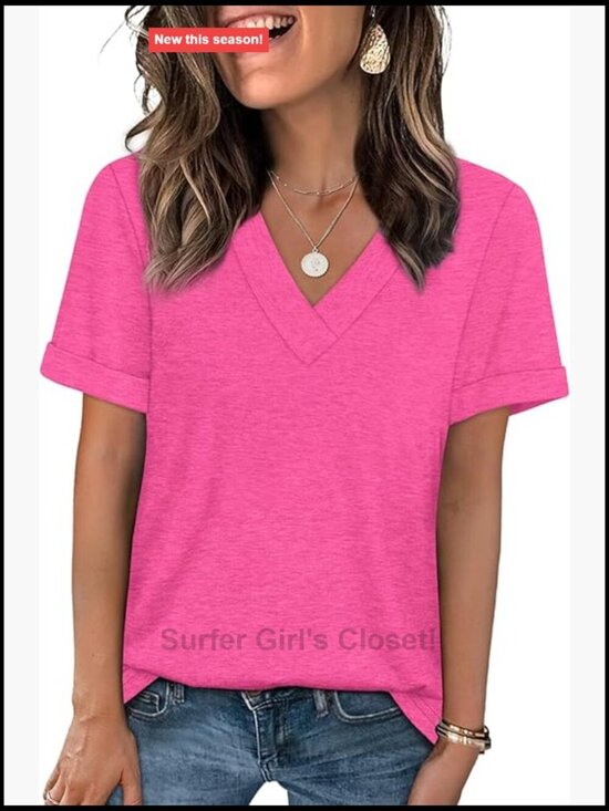 Tops - Women's Short Sleeve V-Neck T-Shirt Loose Fit Summer Basic